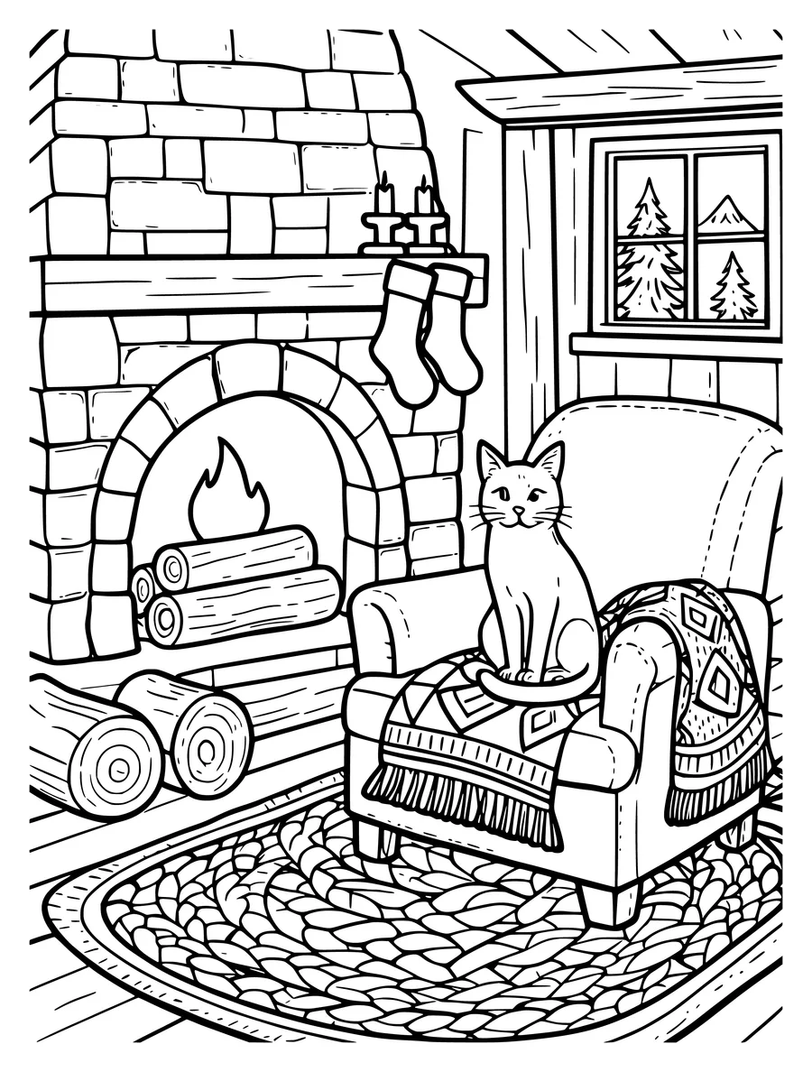 Black and white line art colouring page of cabin interior with a fireplace, an armchair, a blanket and a cat, detailed detail