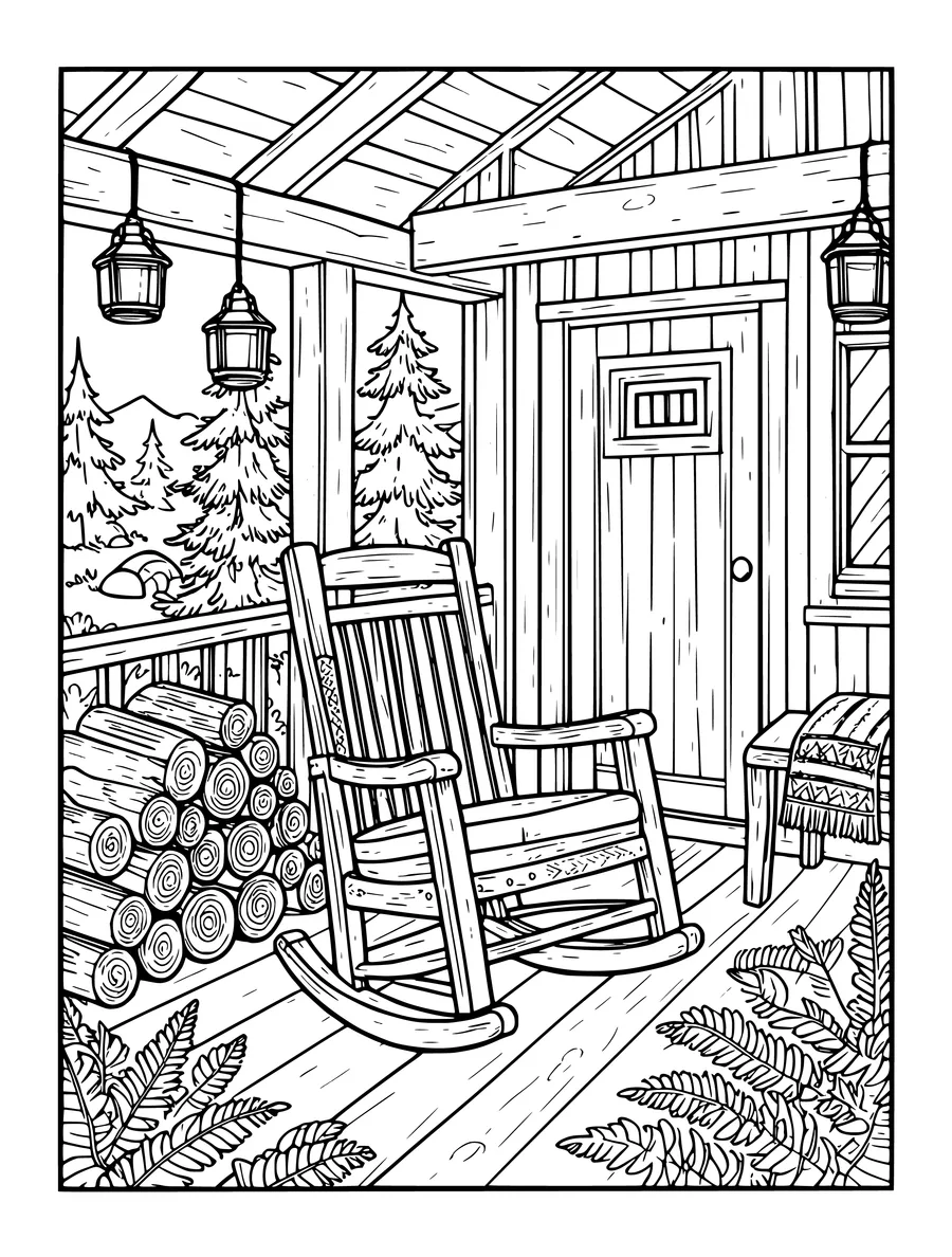 Black and white line art coloring page of cabin porch with a rocking chair, lanterns and a stack of firewood, intricate...
