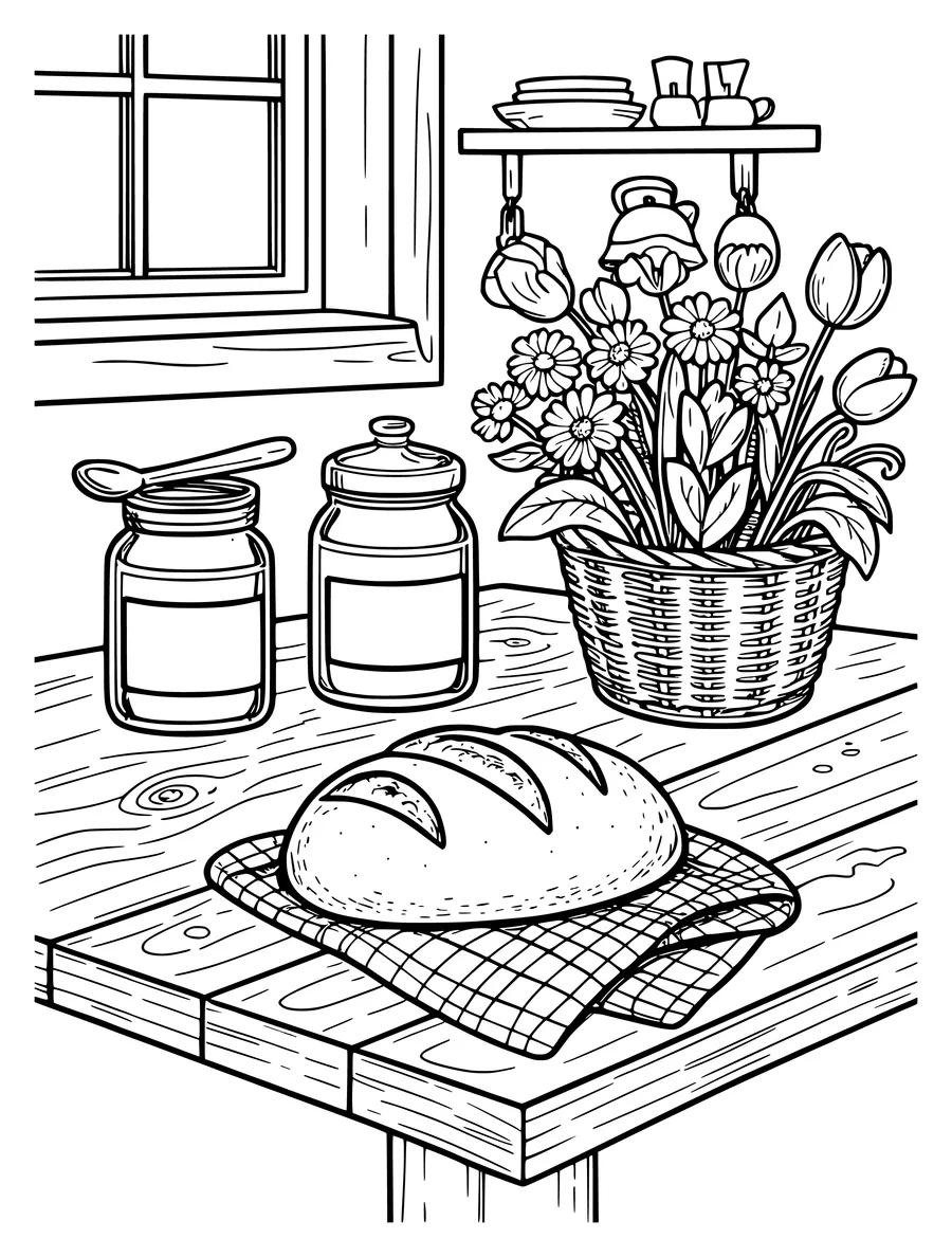 Black and white line art colouring page of cottage kitchen table with a loaf of bread, jam jars and a basket of flowers,...