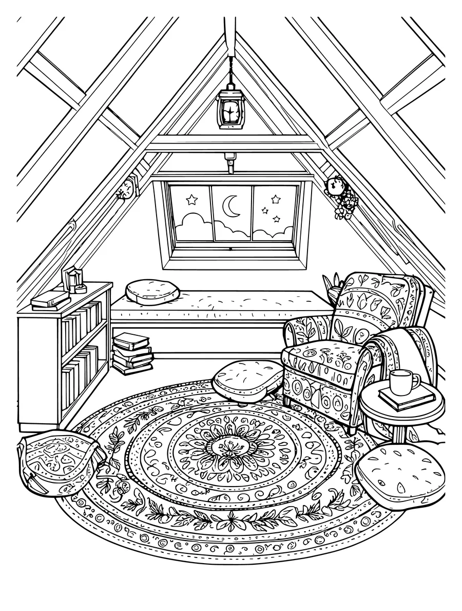 A reading nook in an attic features a comfortable armchair, a circular patterned rug, and a skylight at night, colouring page