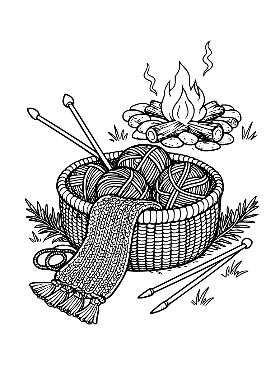 Black and white line art colouring page of knitting basket with yarn, needles and a half-finished scarf by the fire,...