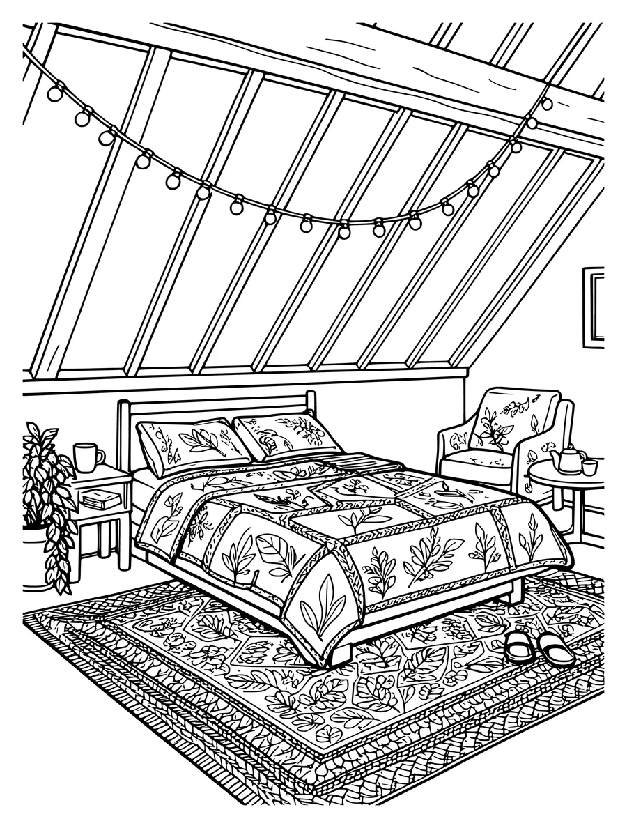 A coloring page depicts a bedroom under a slanted roof, decorated with string lights, a quilt, and a rug.