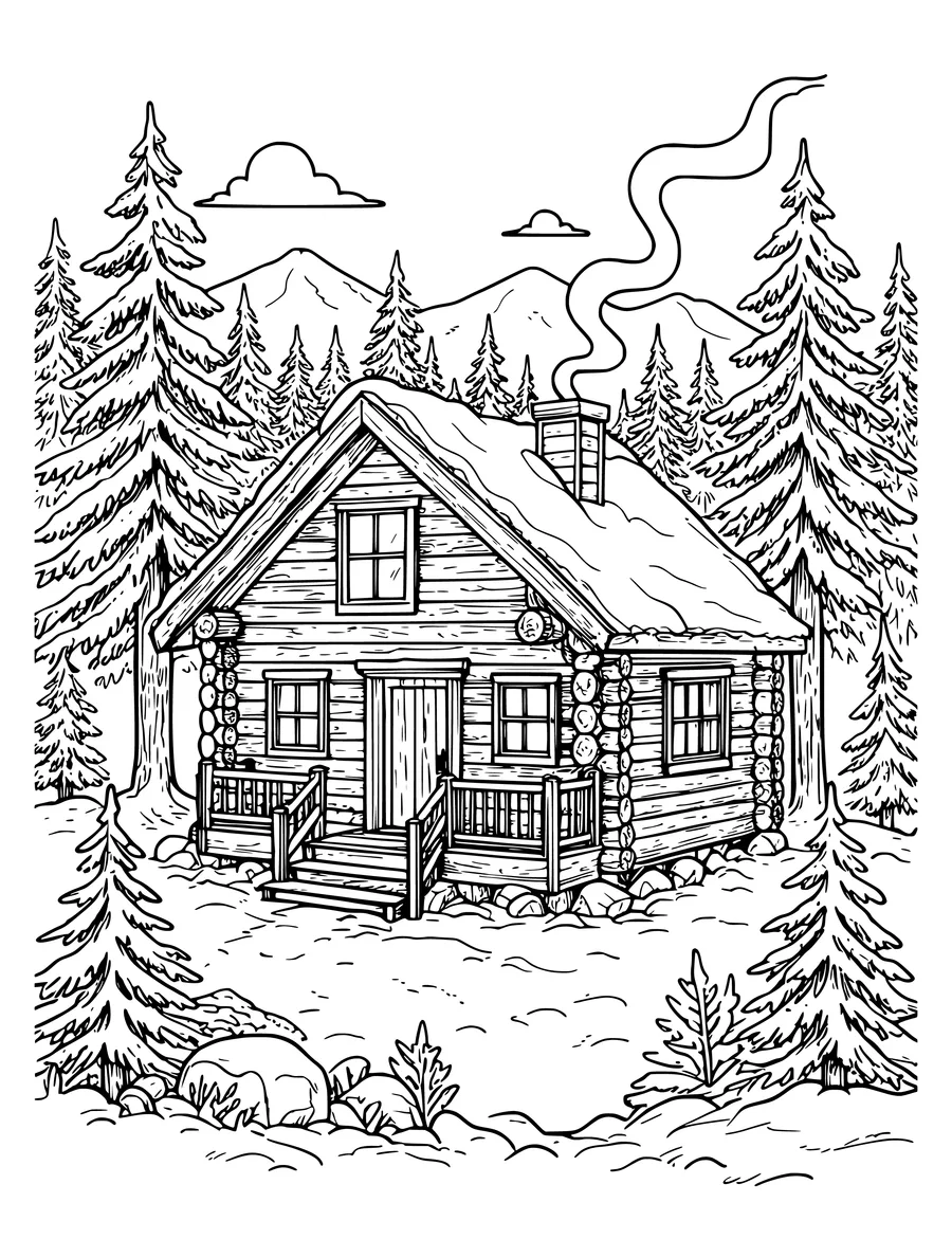 Black and white line art coloring page of log cabin in a snowy forest with smoke curling from the chimney, intricate detail