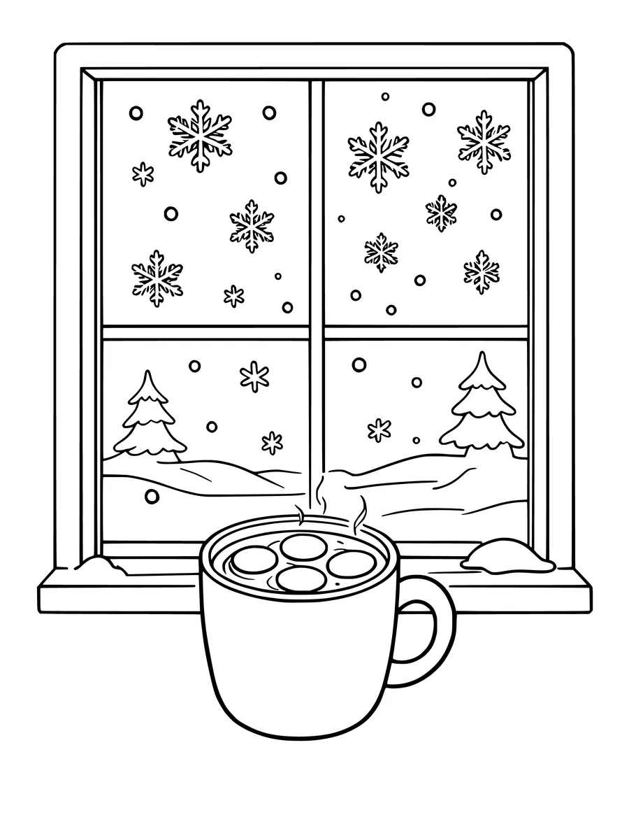 A mug of cocoa sits on a windowsill looking out at a snowy winter scene with pine trees and falling snowflakes, coloring page