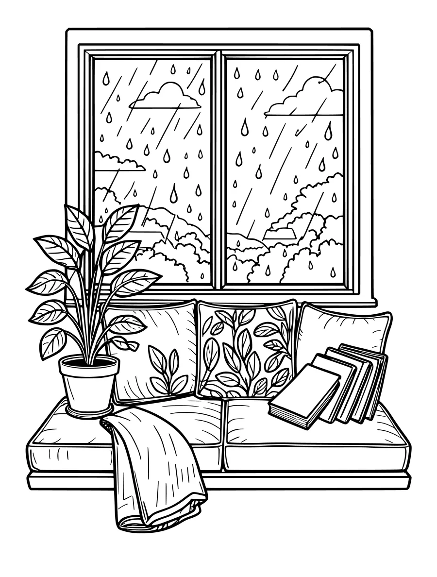 A colouring page shows a window seat with a plant, books, and a blanket, looking out at a rainy landscape.