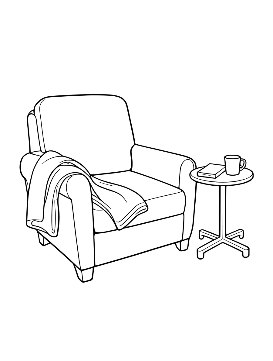 A coloring page features a cozy armchair with a folded blanket next to a small side table with a cup.