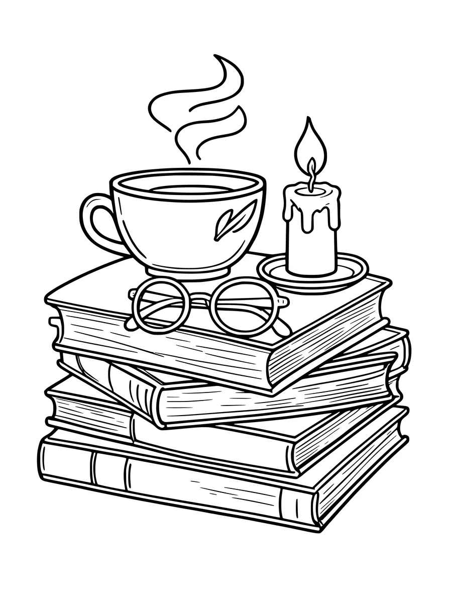 A colouring page shows a stack of books topped with a steaming teacup, a pair of glasses, and a lit candle.
