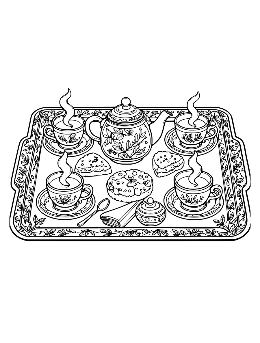 A coloring page displays a serving tray with a teapot, four steaming teacups, and small pastries.