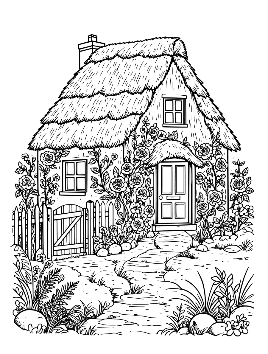 A colouring page illustrates a quaint thatched cottage covered in climbing roses behind a garden gate.