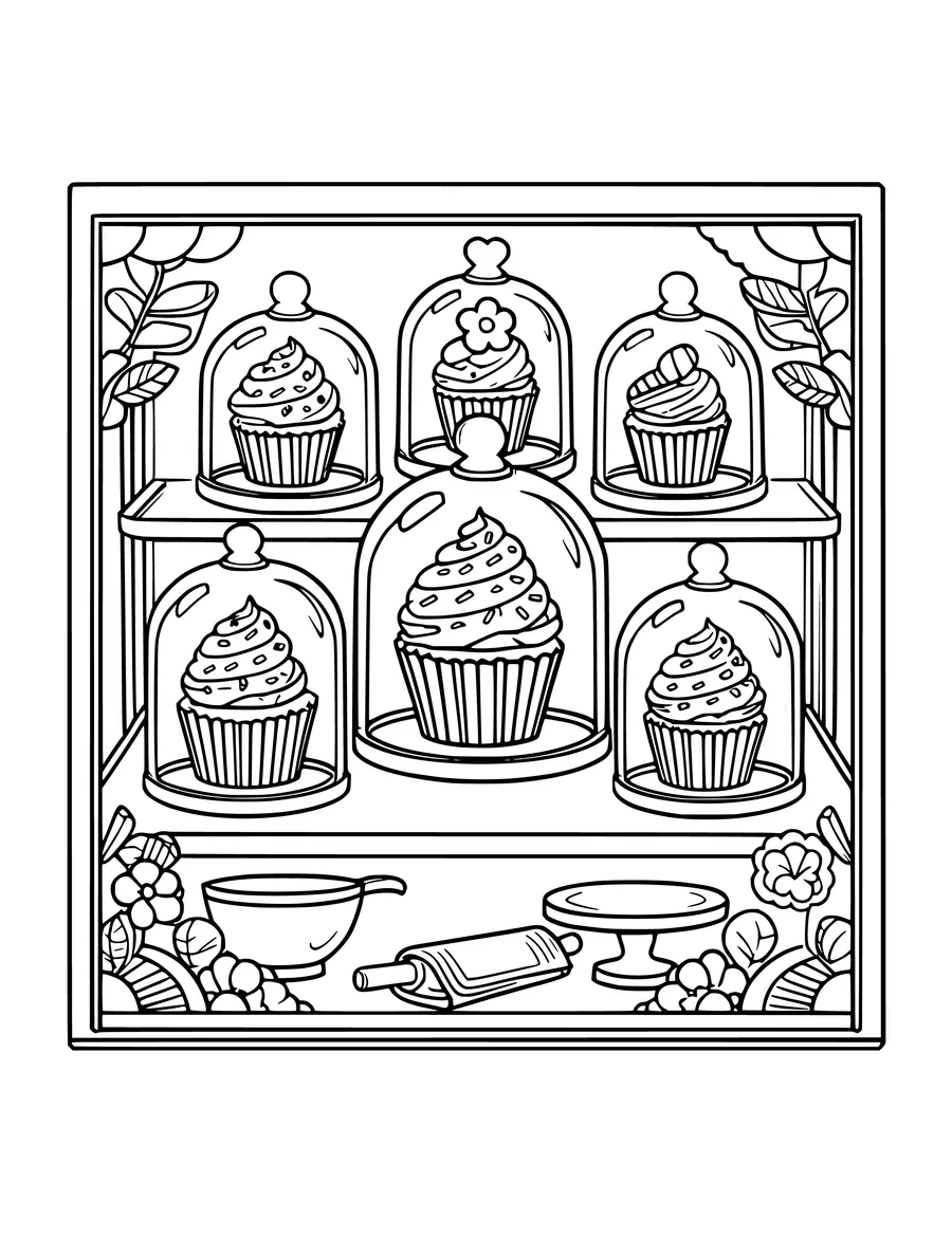 A bakery display case shows six cupcakes under glass domes with baking tools on the bottom shelf, coloring page