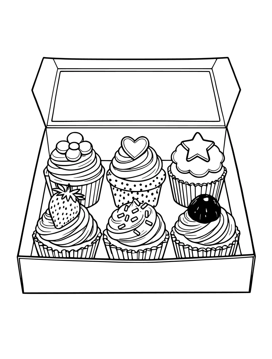 Black and white line art colouring page of box of six cupcakes with different toppings, detailed detail
