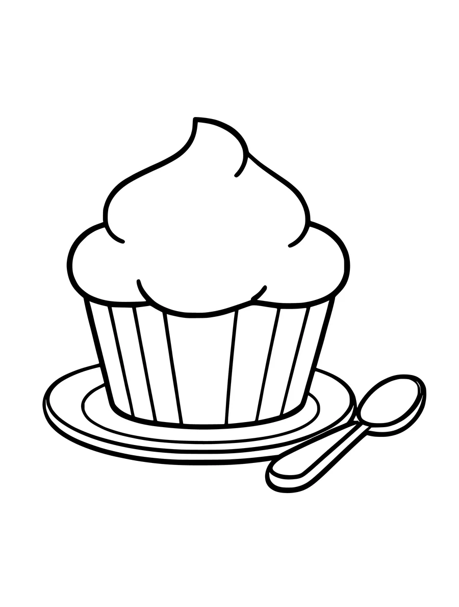 A simple coloring page for young children featuring a cupcake on a saucer with a spoon beside it.