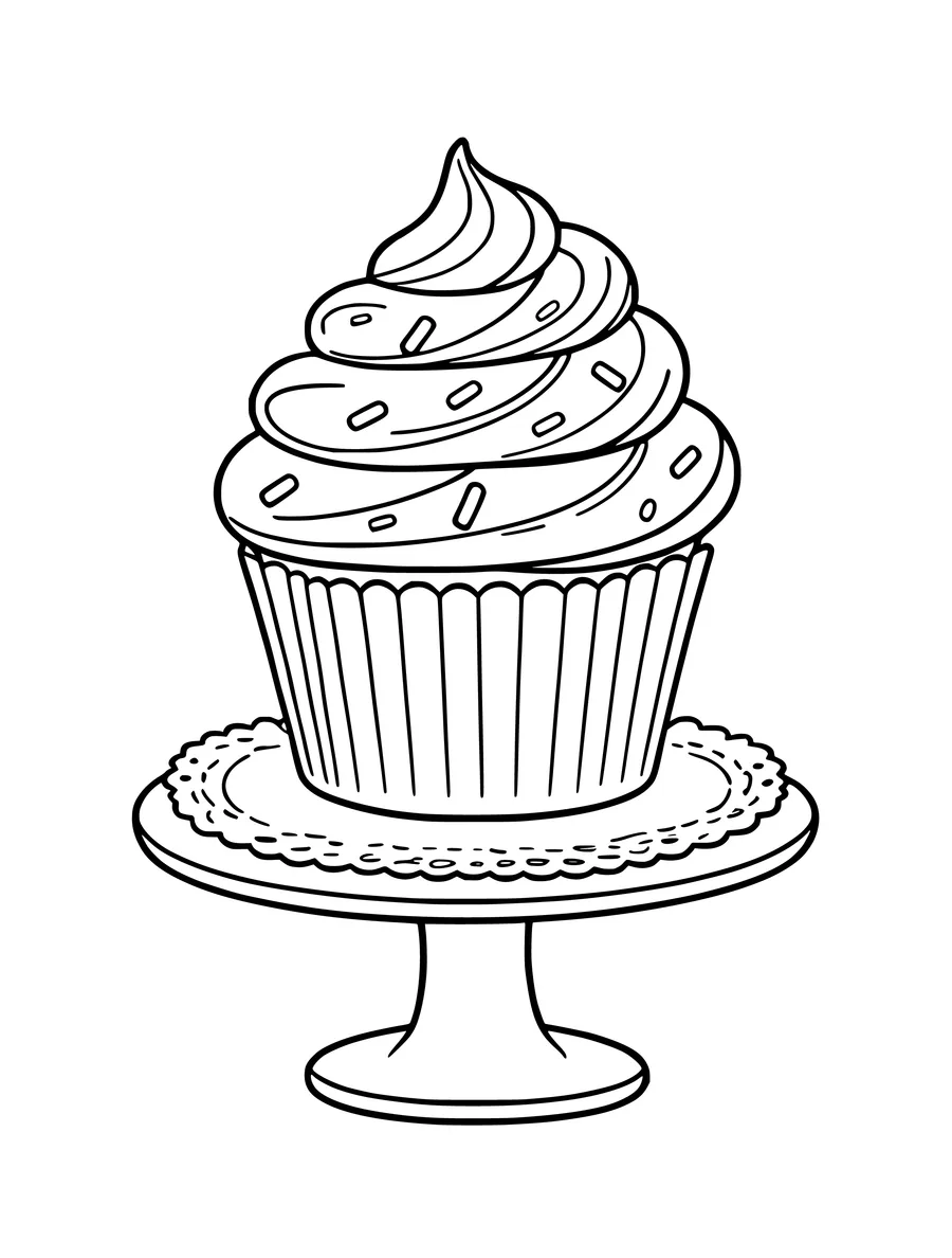 A colouring page of a single cupcake resting on a decorative doily atop a small pedestal stand.