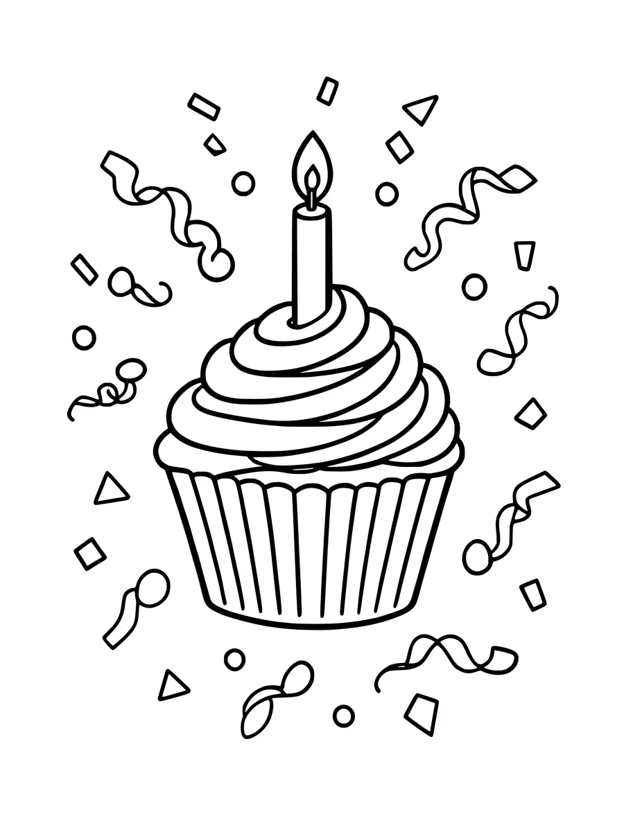 A celebratory colouring page of a cupcake topped with a single lit candle and surrounded by falling confetti.