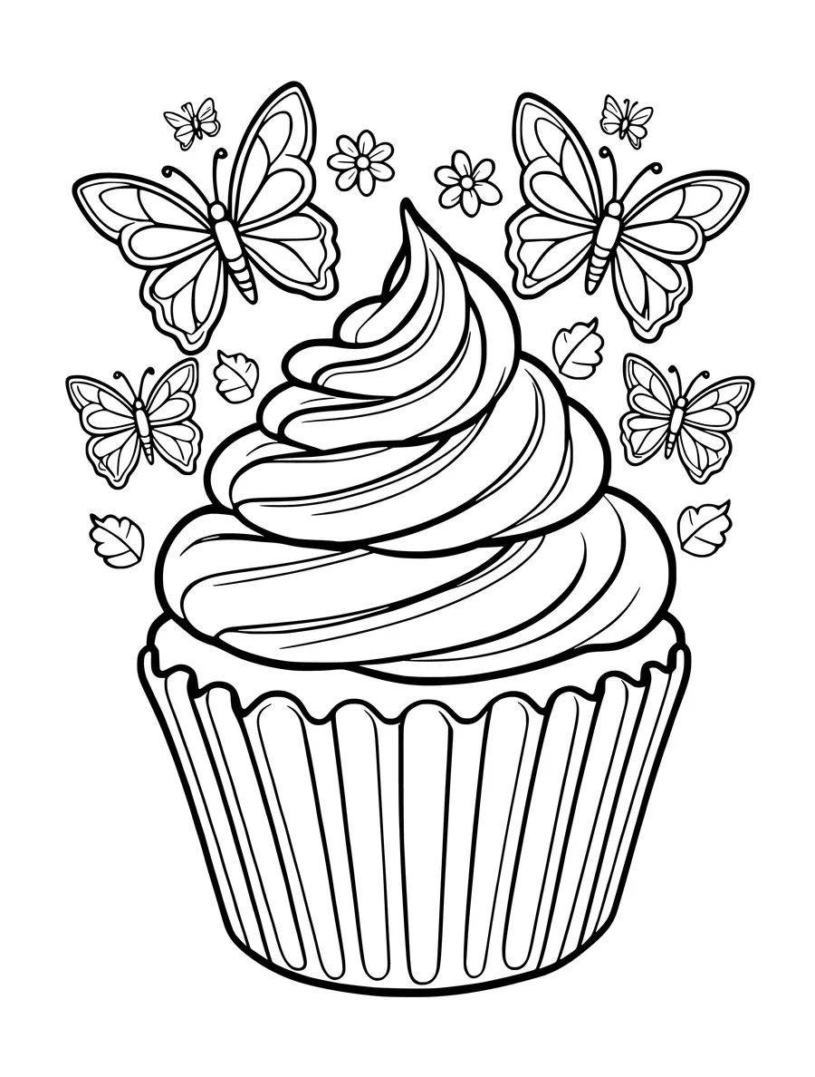 A detailed colouring page shows a cupcake with a swirled top surrounded by several butterflies.