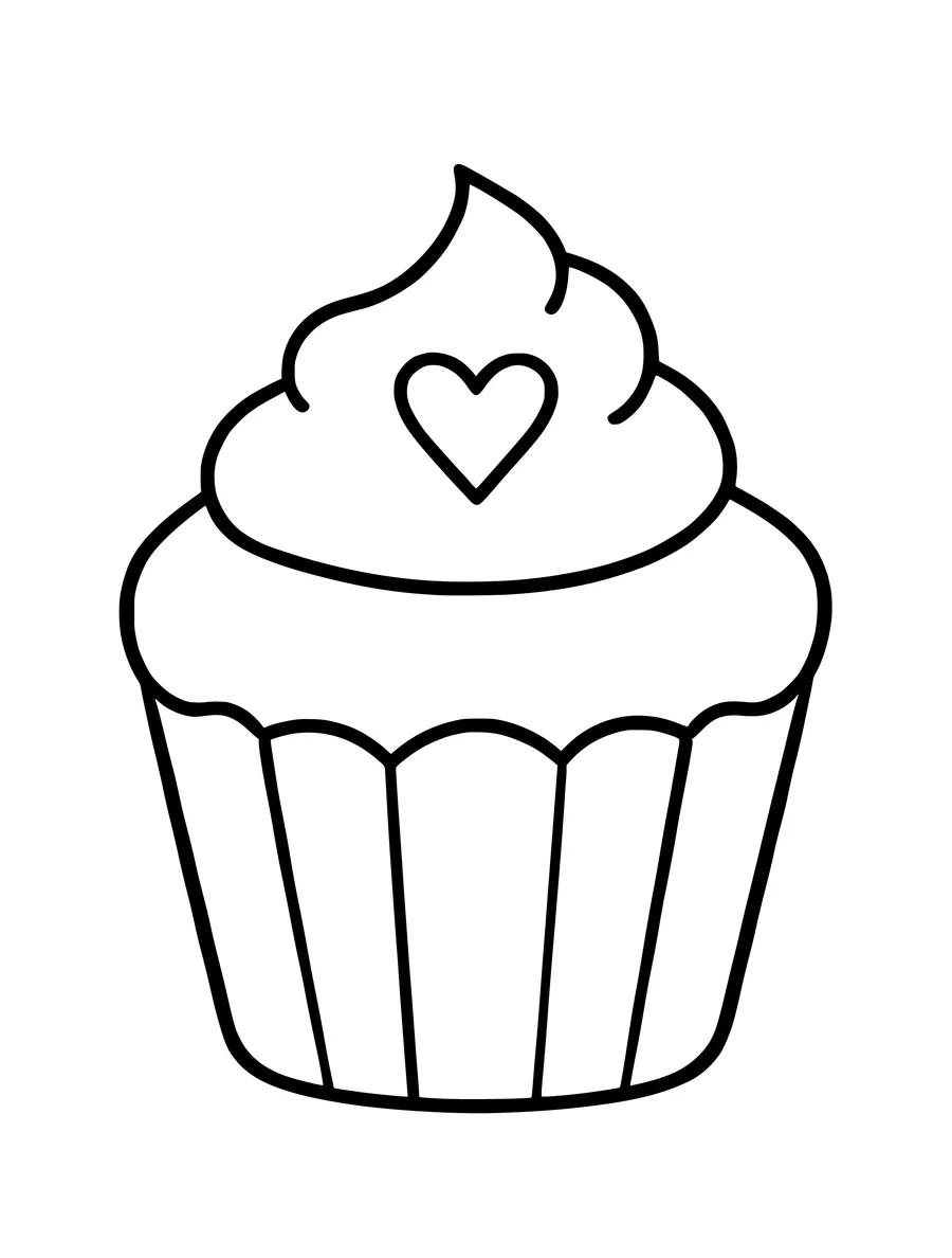 A simple coloring page for children shows a cupcake with a heart-shaped sprinkle on the frosting.