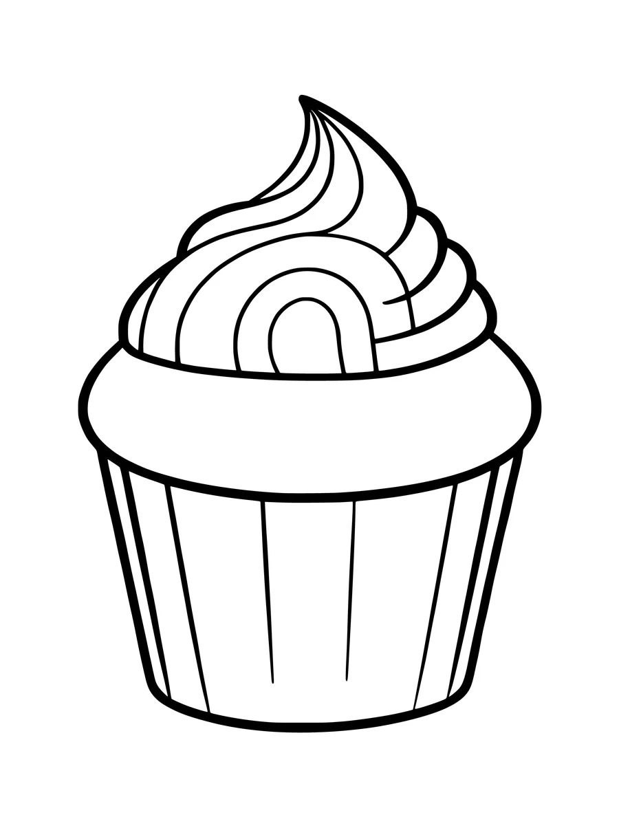 A simple coloring page for children displays a cupcake with a rainbow swirl of frosting on top.
