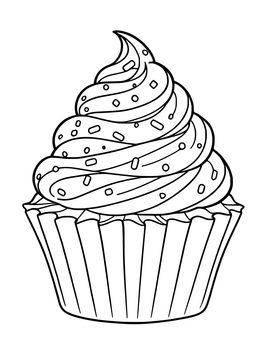 A detailed line art coloring page of a cupcake featuring a ruffled liner and a swirl of frosting with sprinkles.