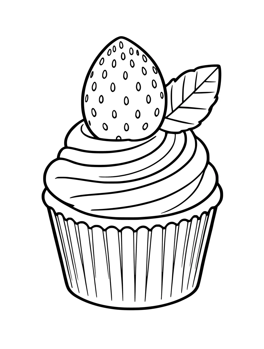 A colouring page features a cupcake topped with a large strawberry and a single mint leaf.