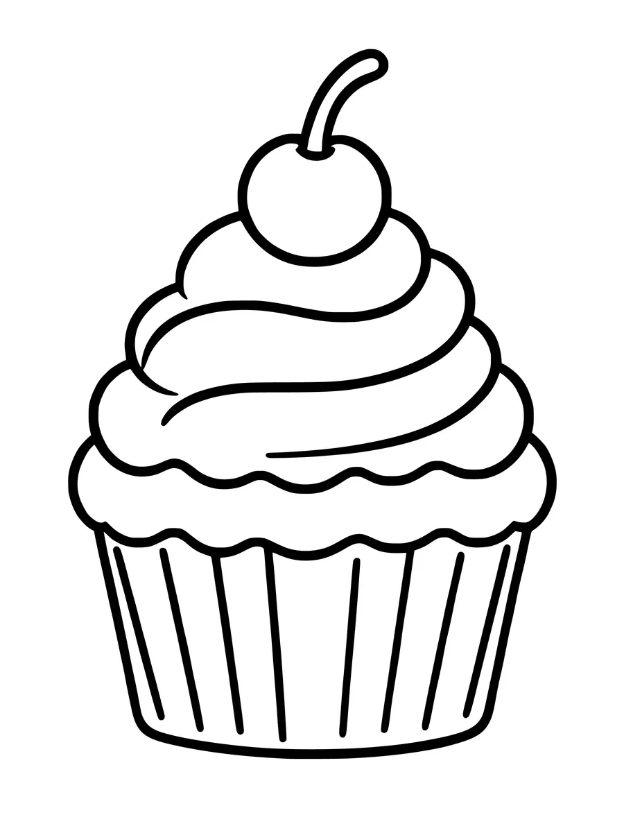 Black and white line art coloring page of cupcake with a swirl of frosting and a cherry on top, simple detail