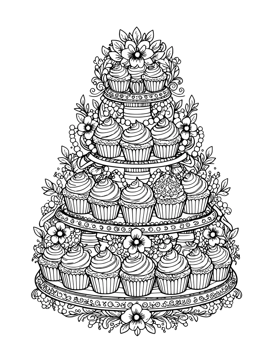 An intricate colouring page of a tall tiered stand filled with many cupcakes, flowers, and pearl accents.