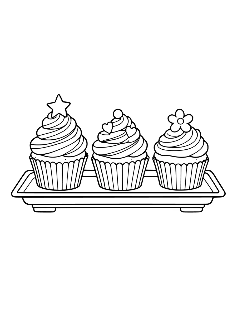 A colouring page showing a tray holding three different cupcakes topped with a star, hearts, and a flower.