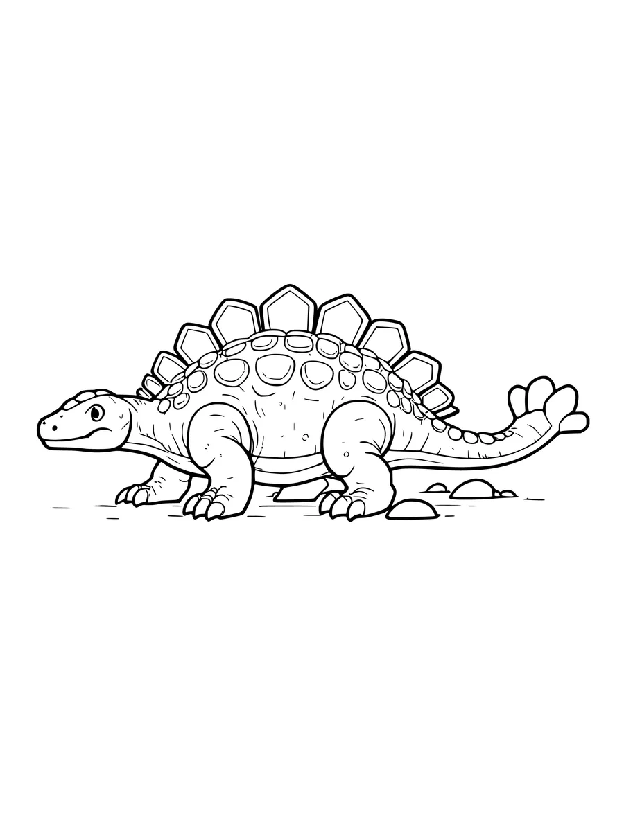 An ankylosaurus with a plated back and a bony club tail stands on rocky ground in this line art illustration, coloring page