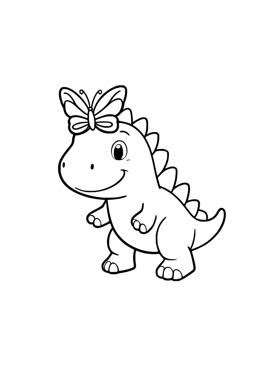 A cute baby dinosaur with a butterfly resting on its nose is featured in this fun coloring page.