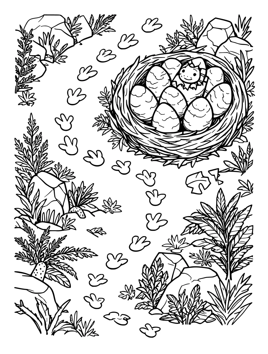 Black and white line art colouring page of dinosaur footprint trail leading to a nest of eggs, detailed detail
