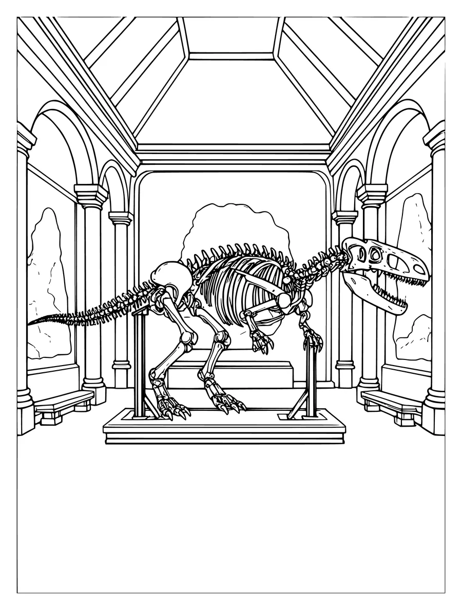A detailed dinosaur skeleton stands on display inside a grand museum hall with arched doorways and columns, colouring page