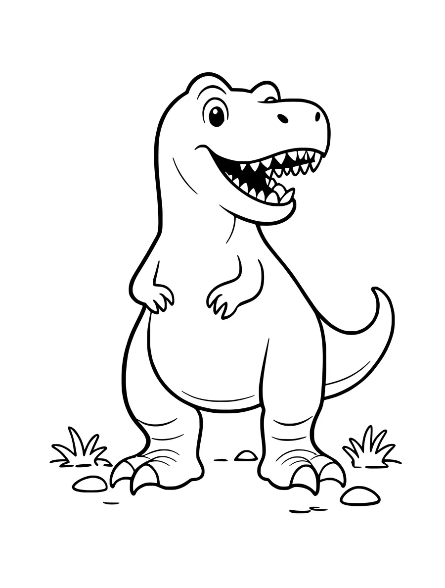 A friendly Tyrannosaurus rex with tiny arms and big teeth stands on a simple ground line in this colouring page.