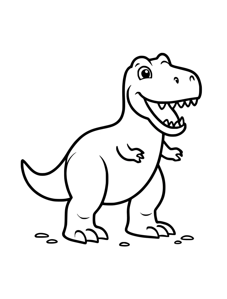 A friendly Tyrannosaurus rex with big teeth and short arms stands on the ground in this simple colouring page.