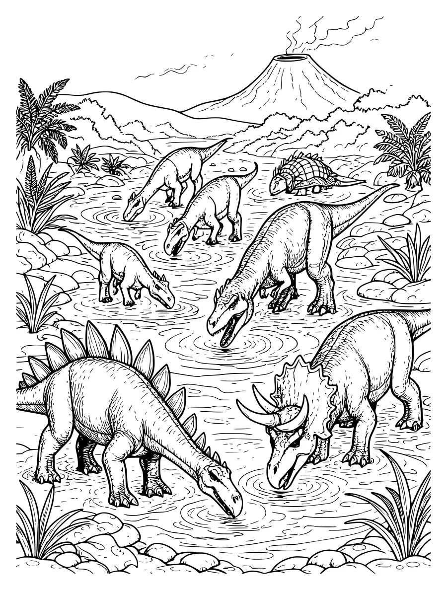 Black and white line art coloring page of herd of dinosaurs drinking at a river, with a distant volcano, detailed detail