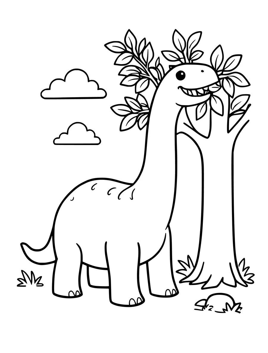 Black and white line art coloring page of long-necked brachiosaurus eating leaves from a tall tree, simple detail