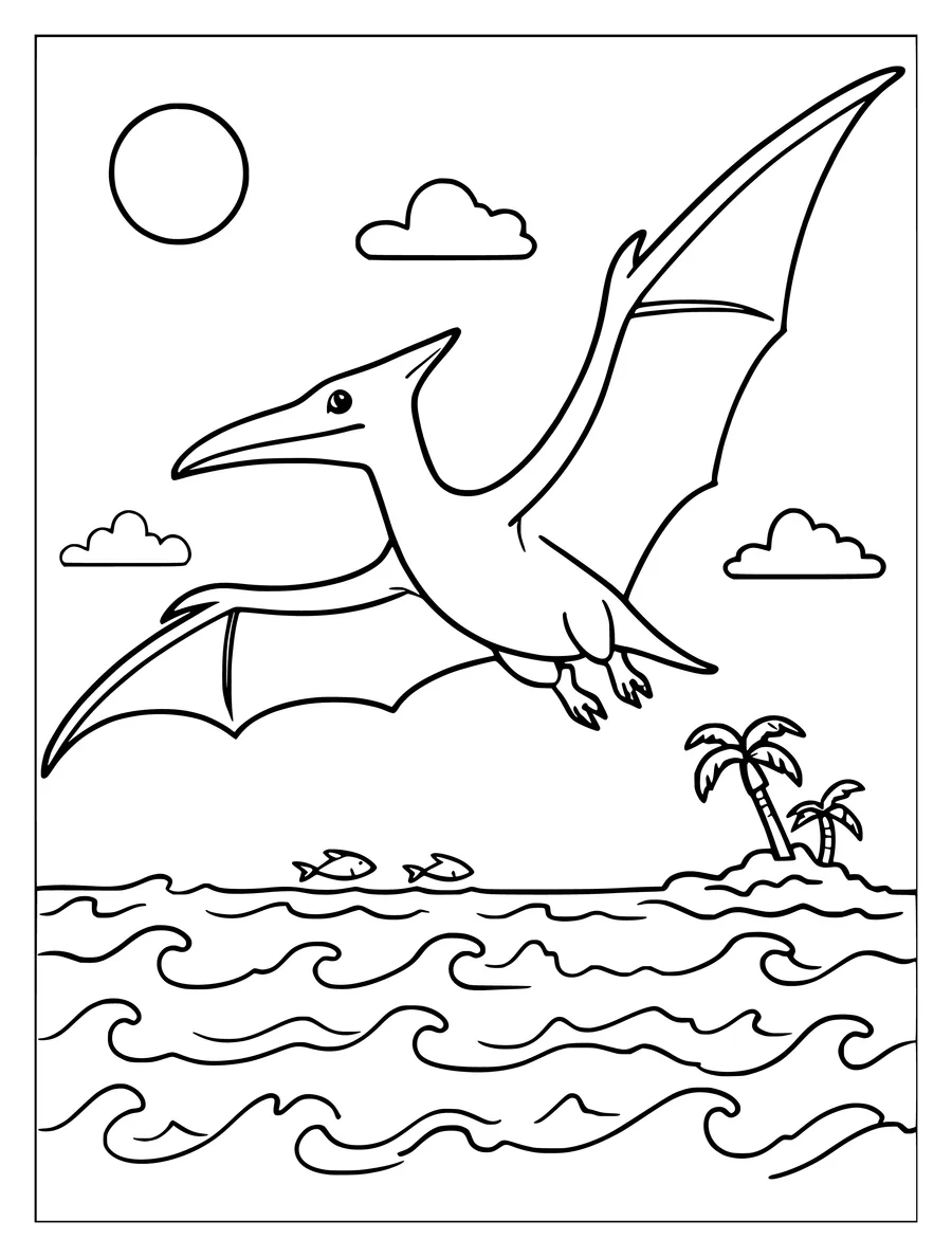 Black and white line art coloring page of pterodactyl flying over the sea, medium detail