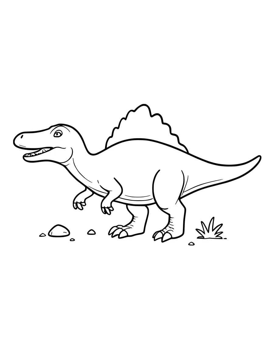 A spinosaurus with a large sail on its back stands on the ground in this simple colouring page.
