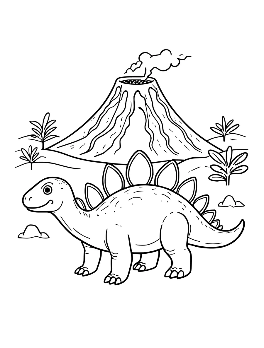 Black and white line art colouring page of stegosaurus with big back plates in a volcano landscape, medium detail