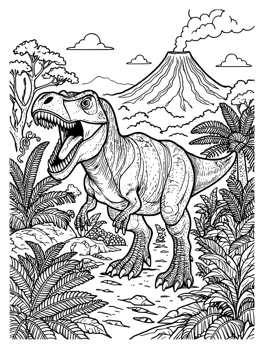 Black and white line art colouring page of t. rex roaring in a prehistoric jungle with a volcano, detailed detail