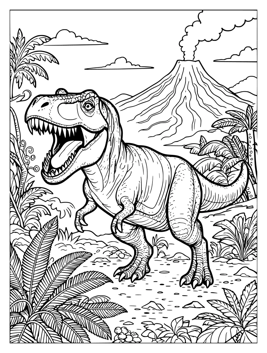 Black and white line art coloring page of t. rex roaring in a prehistoric jungle with a volcano, detailed detail