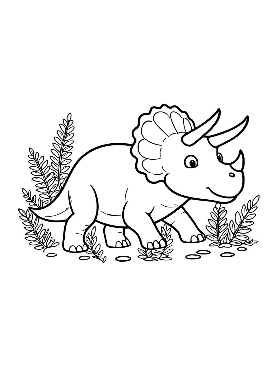 A triceratops with three horns walks past leafy ferns in this detailed line art coloring page.