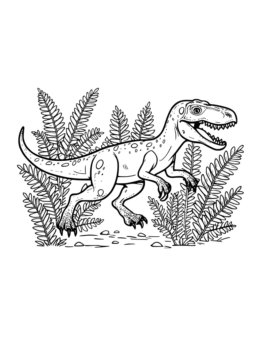 Black and white line art coloring page of velociraptor running through tall ferns, medium detail