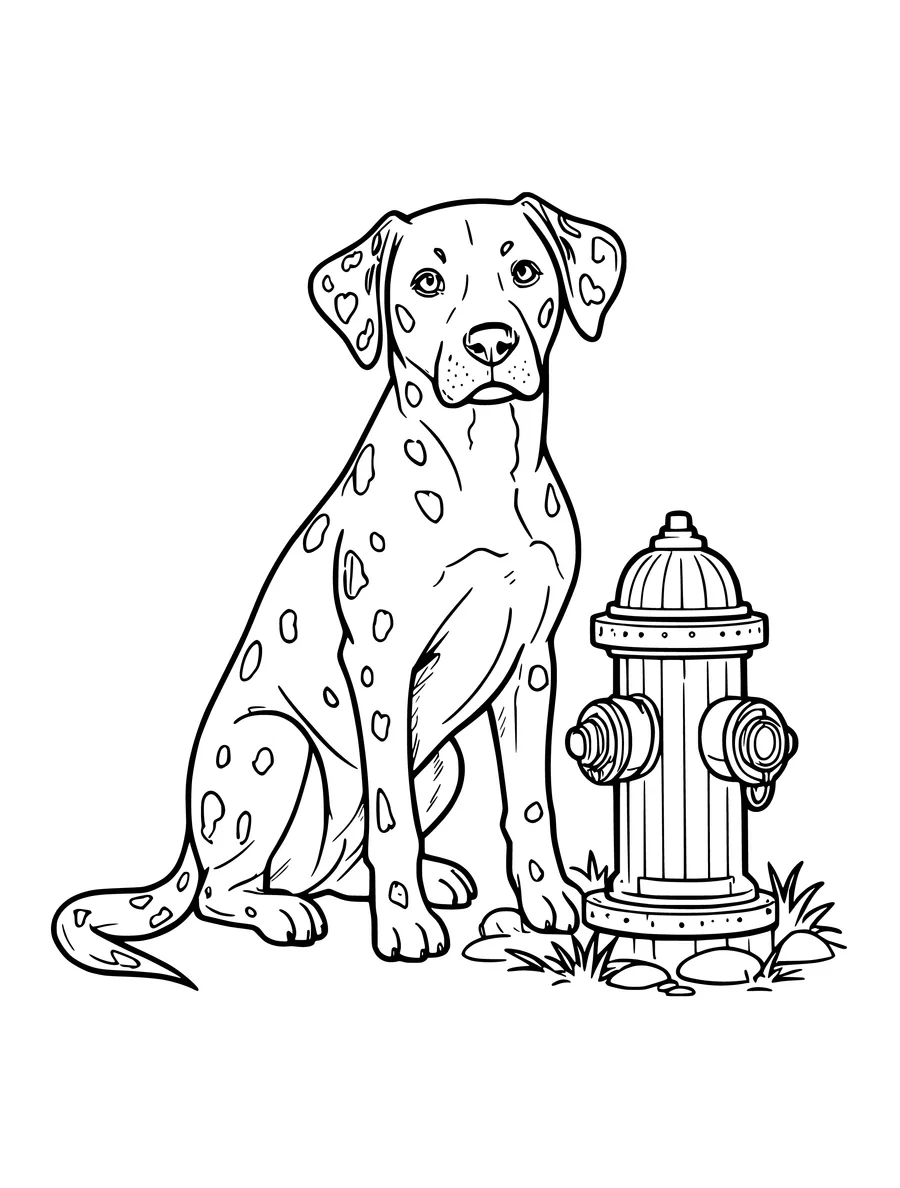 A spotted dog sitting next to a fire hydrant in this detailed colouring page.