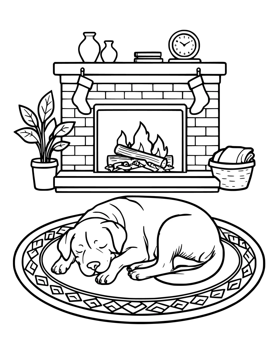 A dog sleeps peacefully on a circular rug in front of a cozy fireplace, coloring page