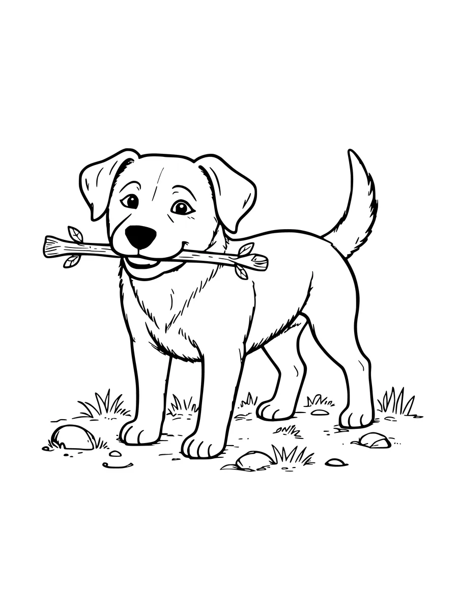 Black and white line art coloring page of dog carrying a stick in its mouth, medium detail