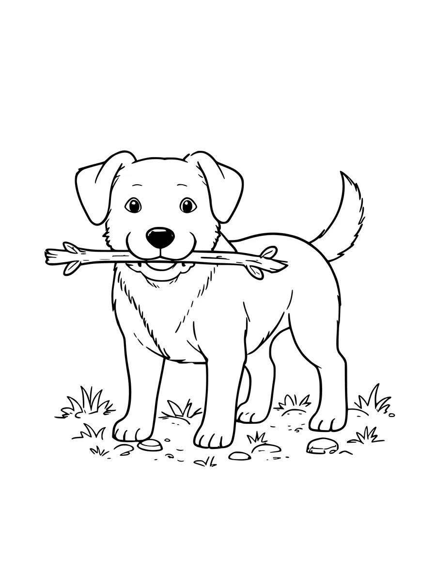 A colouring page of a friendly dog standing in the grass while holding a stick in its mouth.