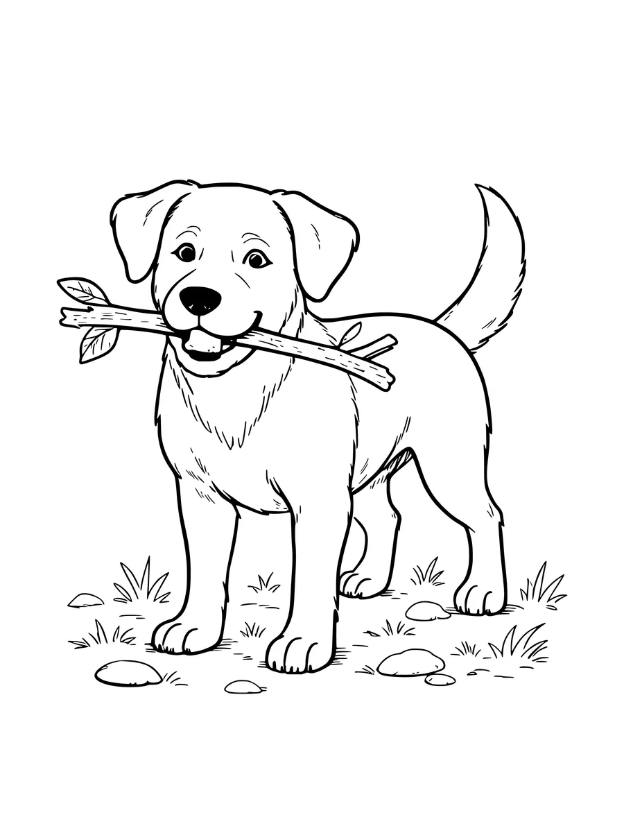 Black and white line art coloring page of dog carrying a stick in its mouth, medium detail