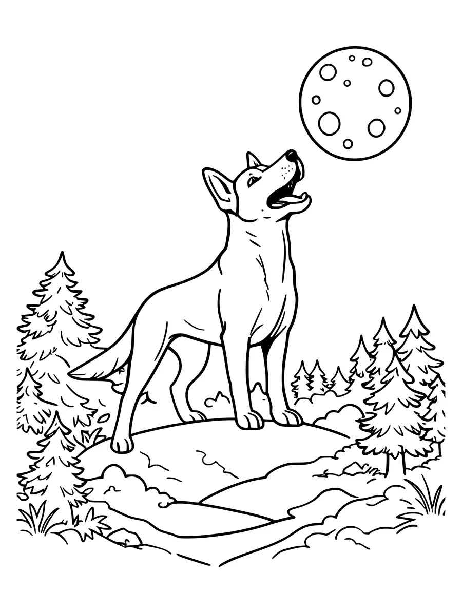 Black and white line art colouring page of dog howling at the moon on a hill, detailed detail
