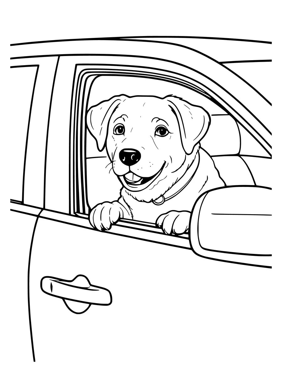 A colouring page showing a happy dog looking out of an open car window with its front paws resting on the door.