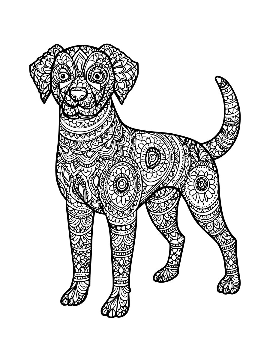 A colouring page featuring a dog filled with intricate mandala patterns and fine, detailed line art.