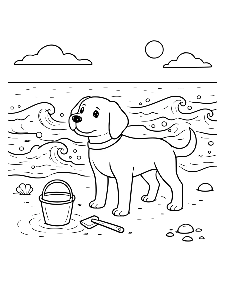 Black and white line art coloring page of dog on a beach with a pail and spade, medium detail
